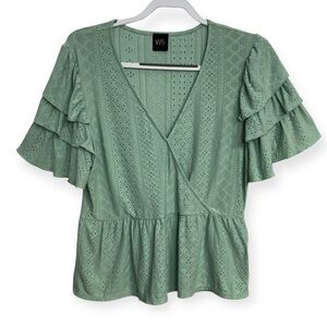 W5 Women's Green Eyelet Ruffle Sleeve Top